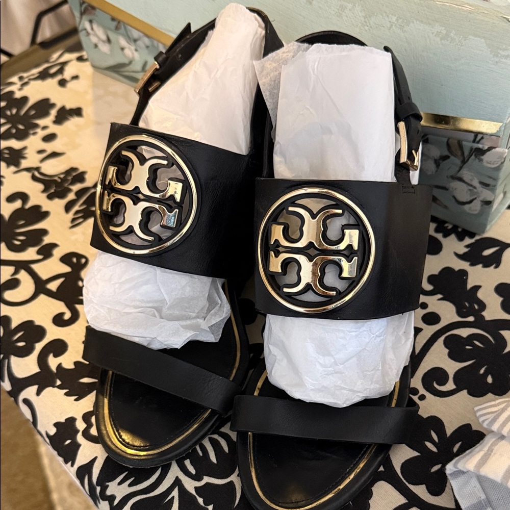 Tory Burch Elegant Wedge Black Sandals with Gold Logo Accent